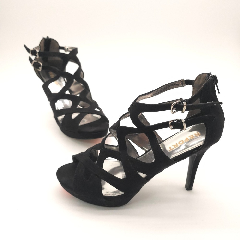 Report Womens Strappy Stiletto Sandals Black Faux Suede Cage Heels Size 8.5 - Picture 6 of 9